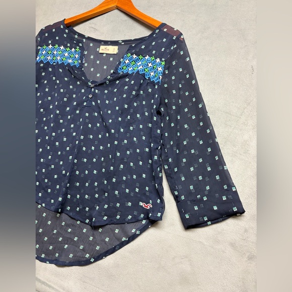 Hollister Navy Sheer Boho Embroidered Blouse Women’s Small Long Sleeve Top - Picture 10 of 16